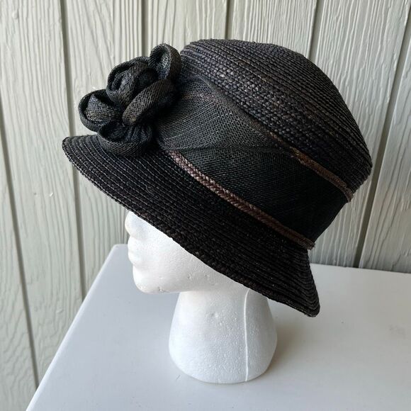 Betmar New York Black Straw Hat Wide Brim Rose Accent Church Derby Tea - Picture 8 of 13